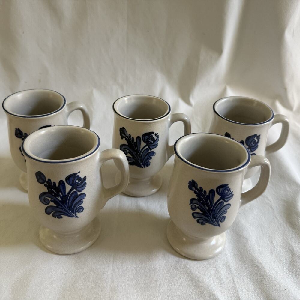 Pfaltzgraff Vintage Yorktown Footed Coffee Set of 5 Mugs Stoneware Blue Floral